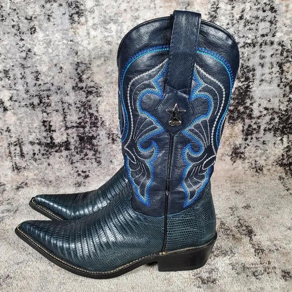 Los Altos Women's Western Teju Lizard Leather Boots Blueish Green Size 6.5