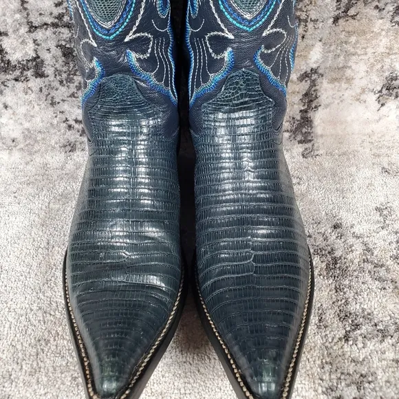 Los Altos Women's Western Teju Lizard Leather Boots Blueish Green Size 6.5