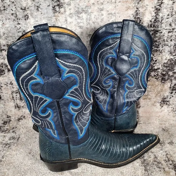Los Altos Women's Western Teju Lizard Leather Boots Blueish Green Size 6.5