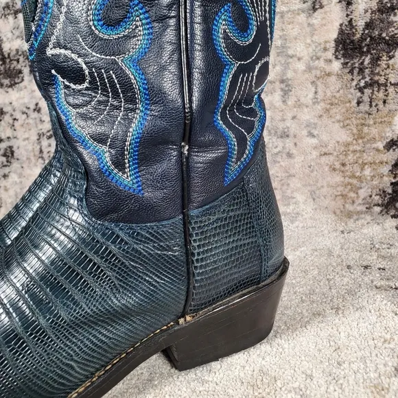 Los Altos Women's Western Teju Lizard Leather Boots Blueish Green Size 6.5