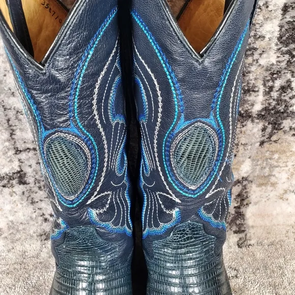 Los Altos Women's Western Teju Lizard Leather Boots Blueish Green Size 6.5