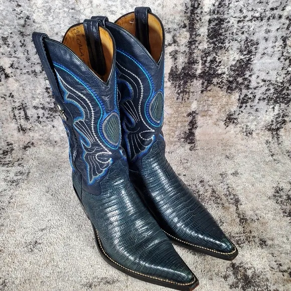 Los Altos Women's Western Teju Lizard Leather Boots Blueish Green Size 6.5