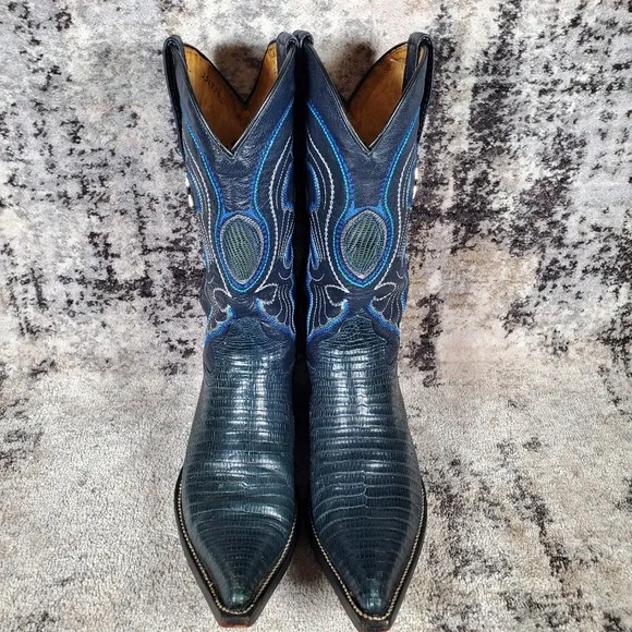 Los Altos Women's Western Teju Lizard Leather Boots Blueish Green Size 6.5