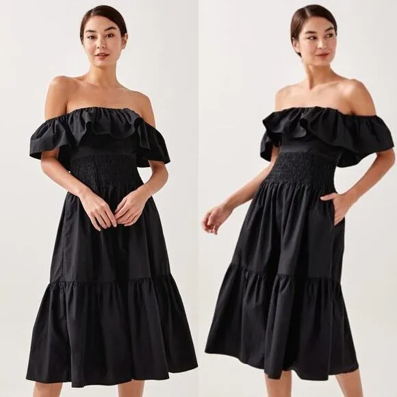 Love Bonito Cielle Smocked Off Shoulder midi Dress Black Sz 4 summer minimalist