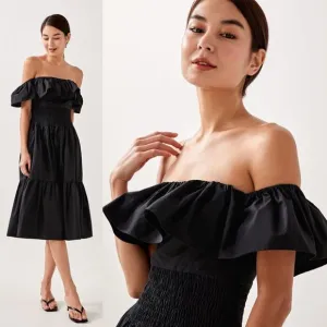 Love Bonito Cielle Smocked Off Shoulder midi Dress Black Sz 4 summer minimalist