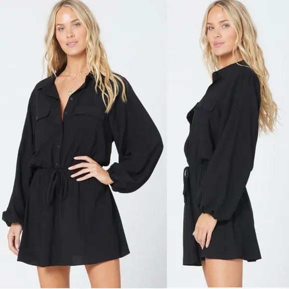 L*SPACE Black Amelia Dress Long Sleeve Mini Black XS summer cover up minimalist