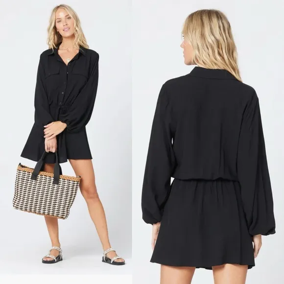 L*SPACE Black Amelia Dress Long Sleeve Mini Black XS summer cover up minimalist