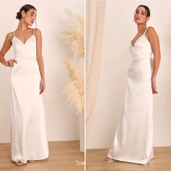 LULU's Bridal Modern Sexy Chic Minimalist Satin Mermaid Trumpet Maxi Gown NWOT
