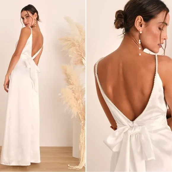 LULU's Bridal Modern Sexy Chic Minimalist Satin Mermaid Trumpet Maxi Gown NWOT