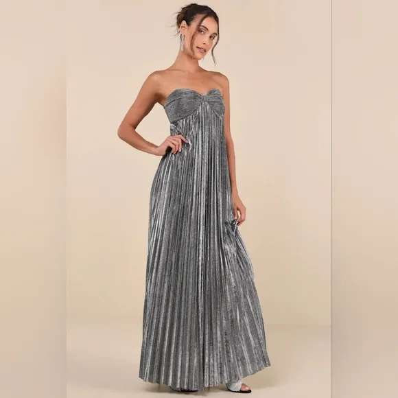 Lulus Glittering Luxury Silver Lurex Pleated Strapless Maxi Dress M Wedding Prom