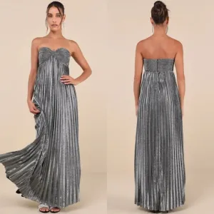 Lulus Glittering Luxury Silver Lurex Pleated Strapless Maxi Dress M Wedding Prom