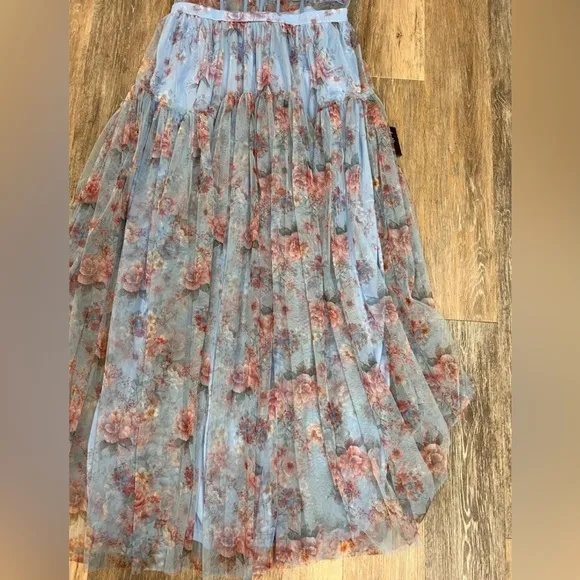 Lulus Sultry Luxury Blue Floral Print Mesh Tiered BustierMaxi Dress, Size XL