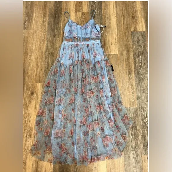 Lulus Sultry Luxury Blue Floral Print Mesh Tiered BustierMaxi Dress, Size XL