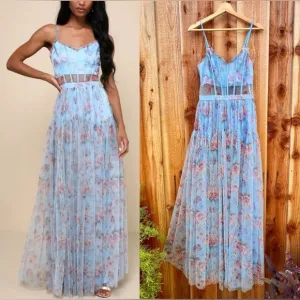 Lulus Sultry Luxury Blue Floral Print Mesh Tiered BustierMaxi Dress, Size XL