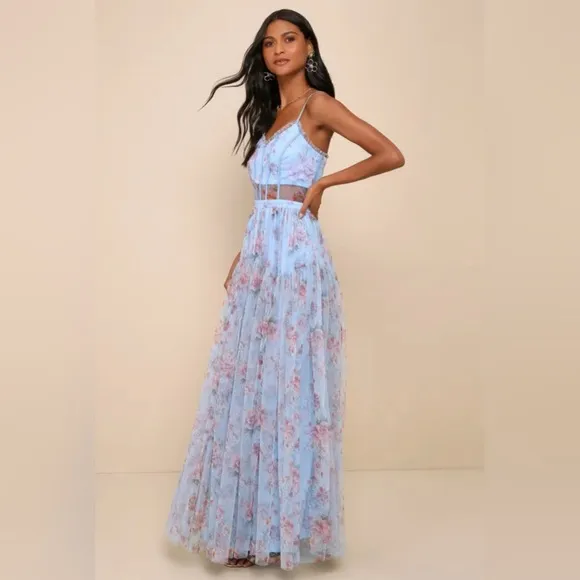 Lulus Sultry Luxury Blue Floral Print Mesh Tiered BustierMaxi Dress, Size XL