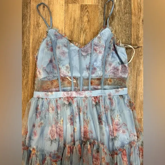 Lulus Sultry Luxury Blue Floral Print Mesh Tiered BustierMaxi Dress, Size XL