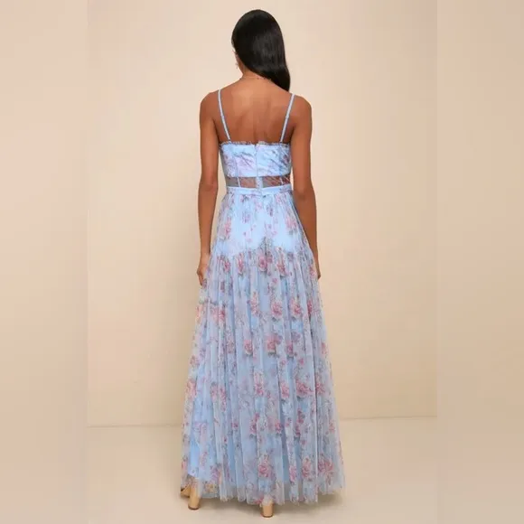 Lulus Sultry Luxury Blue Floral Print Mesh Tiered BustierMaxi Dress, Size XL