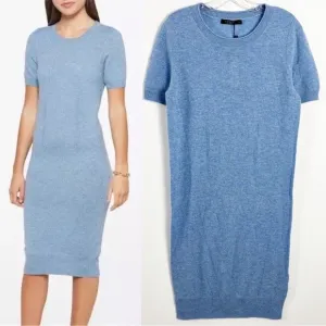 Lusso Cashmere Sweater Dress Knit Short Sleeve Blue Fitted Sz L NWT Luxury Soft