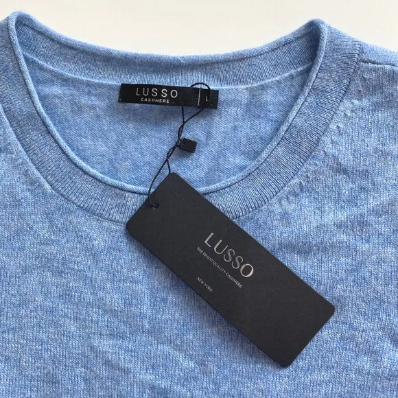 Lusso Cashmere Sweater Dress Knit Short Sleeve Blue Fitted Sz L NWT Luxury Soft