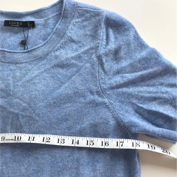 Lusso Cashmere Sweater Dress Knit Short Sleeve Blue Fitted Sz L NWT Luxury Soft