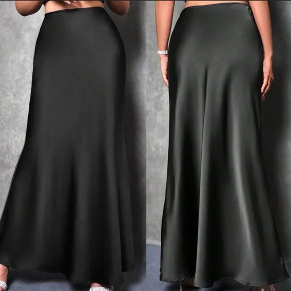 Luxe black zipper back minimalist satin maxi skirt