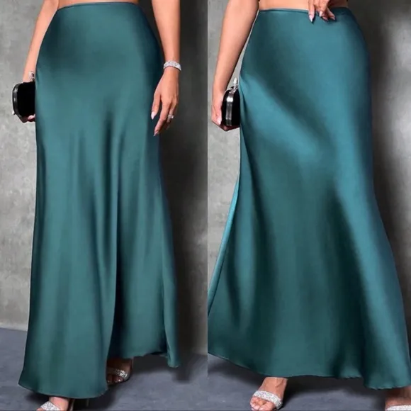 Luxe black zipper back minimalist satin maxi skirt
