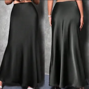 Luxe black zipper back minimalist satin maxi skirt