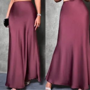 Luxe  dusty burgundy zipper back minimalist satin maxi skirt