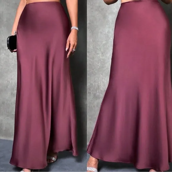 Luxe red zipper back minimalist satin maxi skirt