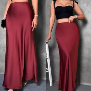 Luxe red zipper back minimalist satin maxi skirt
