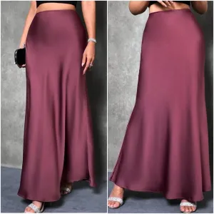 Luxe Wine Satin Zipper Minimalist Maxi Skirt
