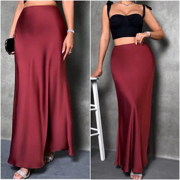 Luxe Wine Satin Zipper Minimalist Maxi Skirt