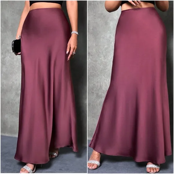 Luxe Wine Satin Zipper Minimalist Maxi Skirt