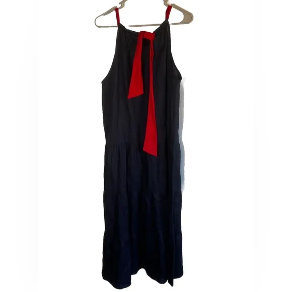 Luxmii Fiume Linen Navy Blue Tiered Maxi Dress with Red Tie-Neck Size M