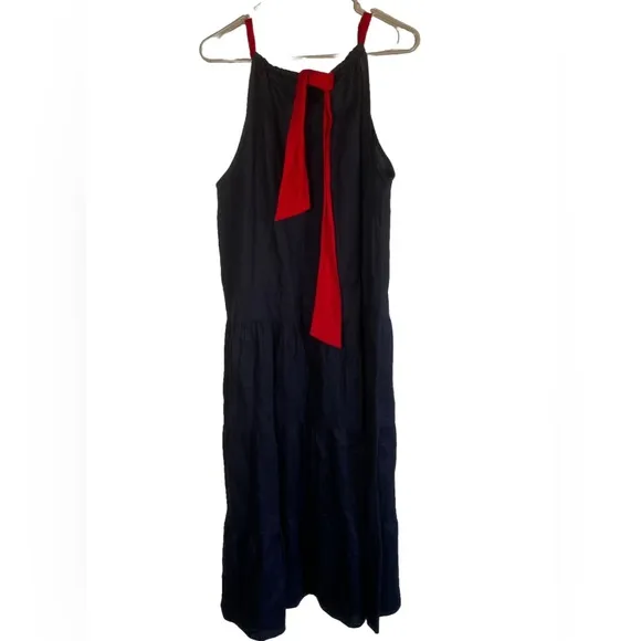 Luxmii Fiume Linen Navy Blue Tiered Maxi Dress with Red Tie-Neck Size M