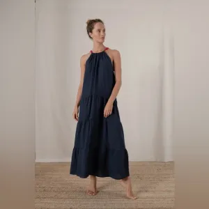 Luxmii Fiume Linen Navy Blue Tiered Maxi Dress with Red Tie-Neck Size M