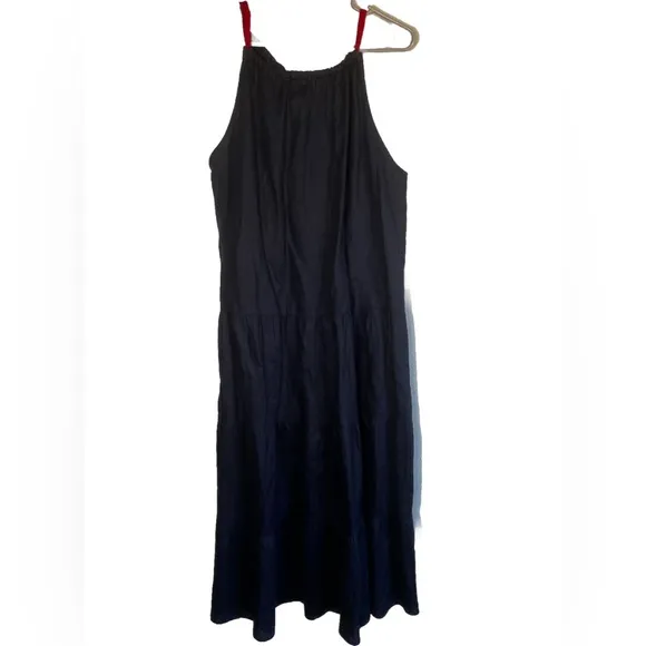 Luxmii Fiume Linen Navy Blue Tiered Maxi Dress with Red Tie-Neck Size M