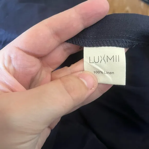 Luxmii Fiume Linen Navy Blue Tiered Maxi Dress with Red Tie-Neck Size M