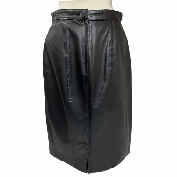 Luxury Black Leather Skirt Pencil MIDI Professional Career Moto Goth Grunge Sz 8