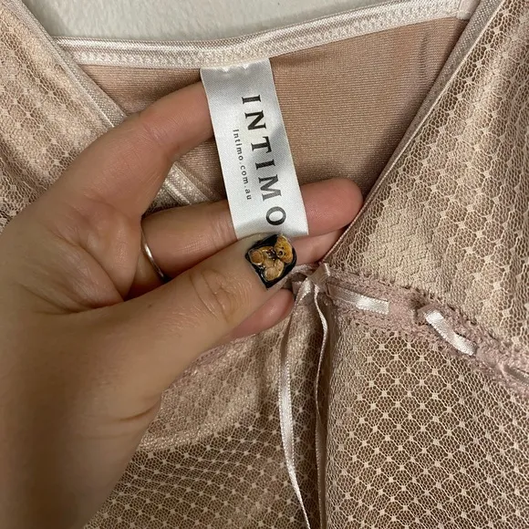 Luxury Designer Intimo Rose Gold Mesh Satin Asymmetrical Ribbon Lingerie Dress