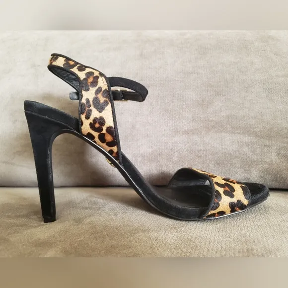 Luxury Designer Kurt Geiger Leopard Print Calf Hair Square Stiletto Sandal EU 38