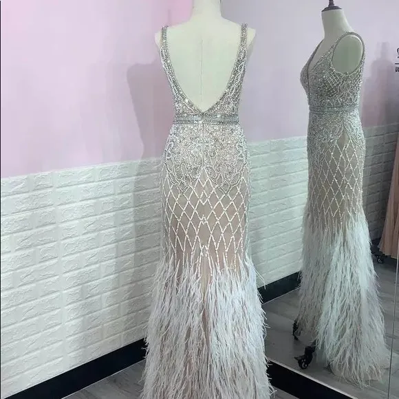 Luxury long nude feather beaded split ball gown