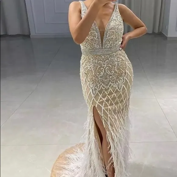 Luxury long nude feather beaded split ball gown