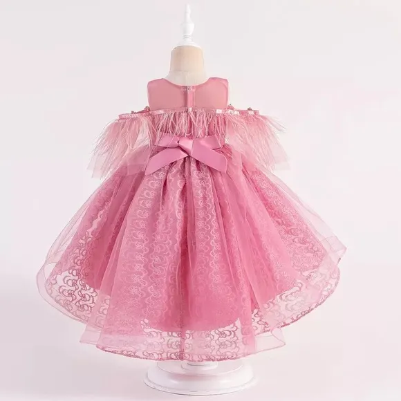 Luxury Pink Feather Lace Embroidered Dress 5046