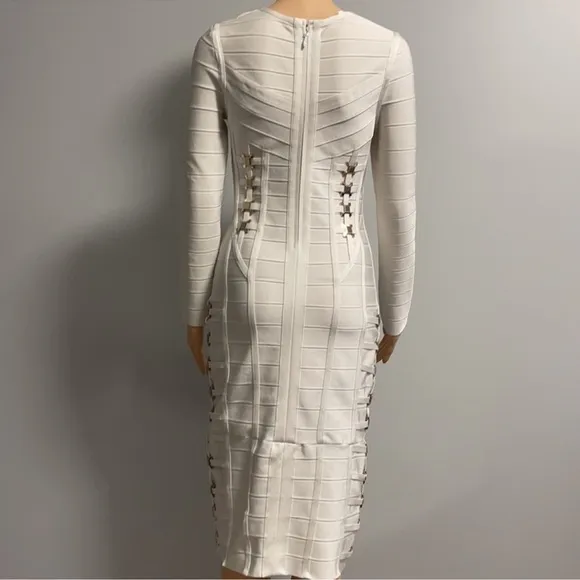 Luxury white bodycon long sleeve midi dress