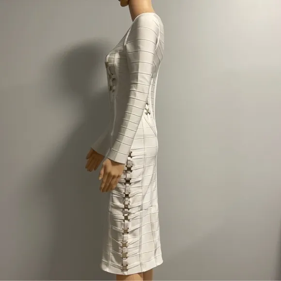 Luxury white bodycon long sleeve midi dress