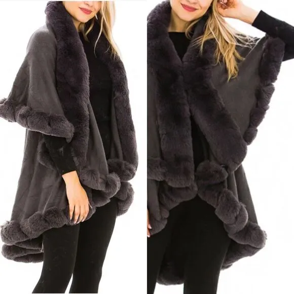 Luxury Gray Faux Fur Collared Cape Coat One Size