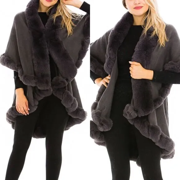 Luxury Gray Faux Fur Collared Cape Coat One Size
