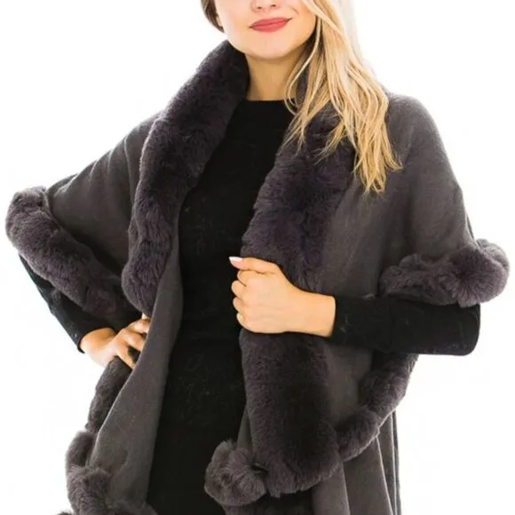 Luxury Gray Faux Fur Collared Cape Coat One Size
