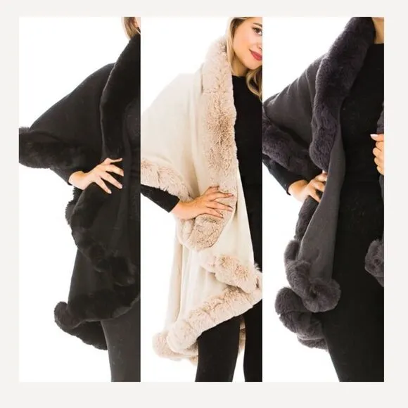 Luxury Gray Faux Fur Collared Cape Coat One Size